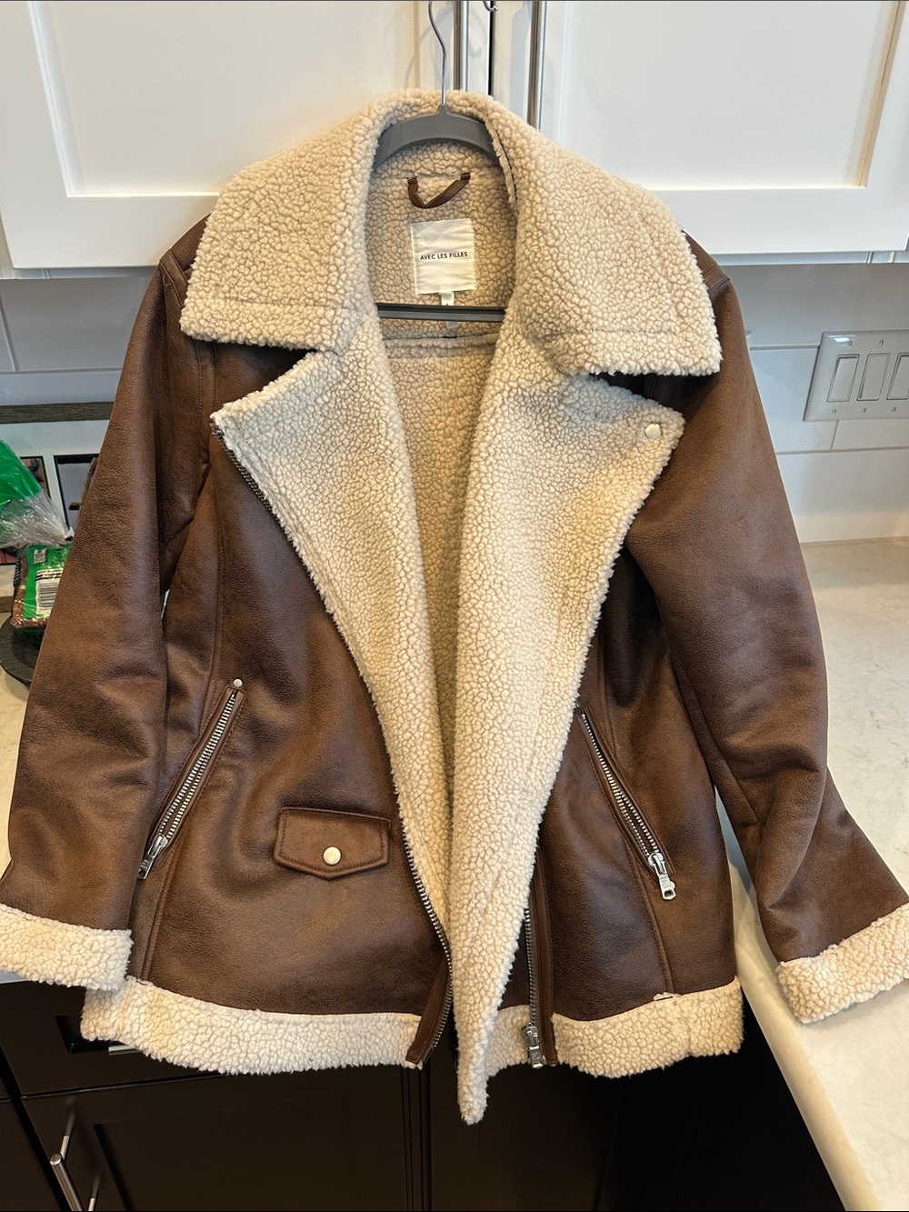 Avec Les Filles Brown Faux-Leather Aviator Jacket with Cream Shearling